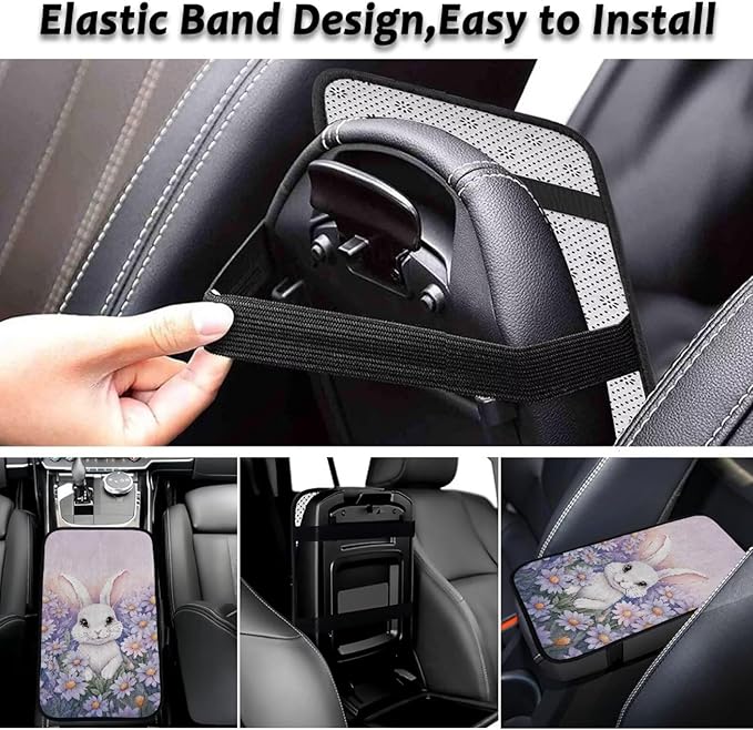 Bulopur Easter Cute Bunny Armrest Cover Car Center Console Cover Easy to Install Car Armrest Cushion Flannel Protector Protect from Pet Claws Thickened Fit for Most Cars, Vehicles, SUVs