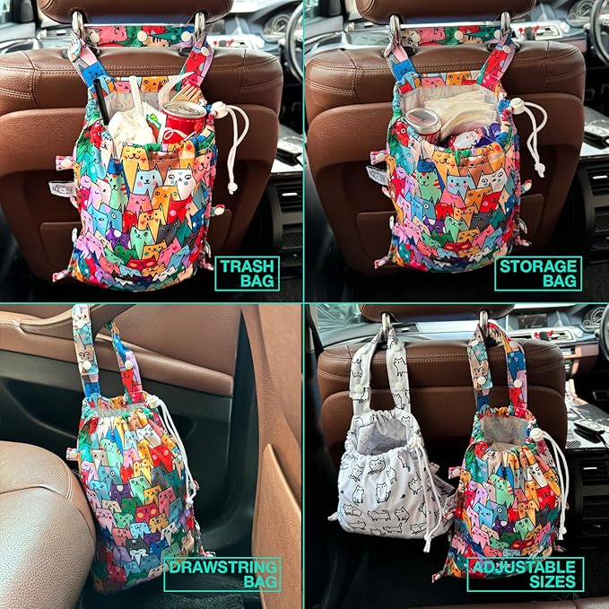 FLOCK THREE Leak-Proof Waterproof Car Trash Bag Foldable Multipurpose Trash bin Container Storage Cute Grocery Organizer Bag for Automotive Front or Back Seat in Cars SUVs and Trucks (Colorful Cats)