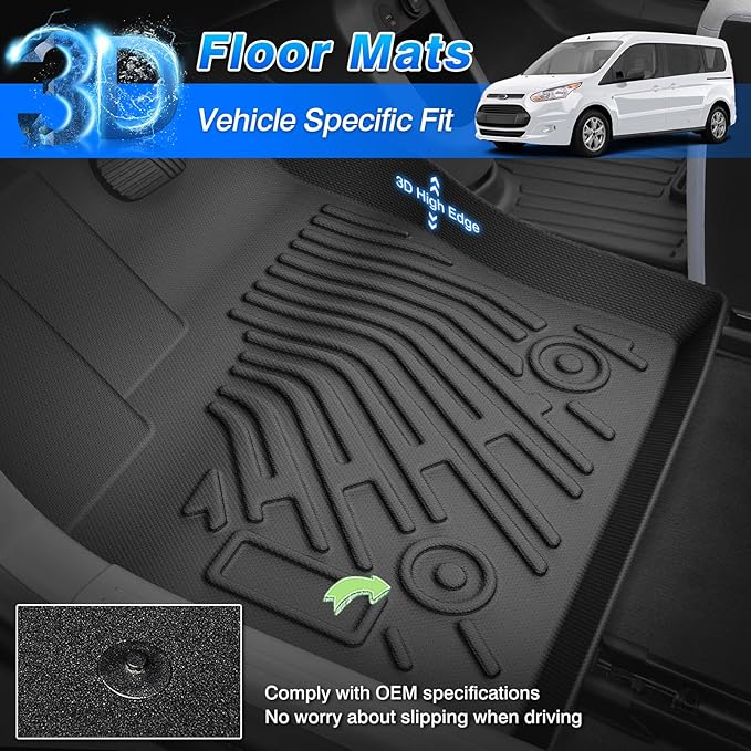 Transit Floor Mats - Car Mats for Ford Transit Connect 2014-2021, All Weather Floor Mat for Transit Accessories, Heavy Duty Rubber Mats, Car Accessories