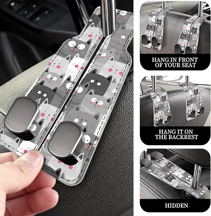 AXRQLSU PU Leather Car Seat Hook, Storage Headrest Hanger, Cute Car Backseat Organizer, Car Hooks For Purses and Bags Grey Cartoon Cats