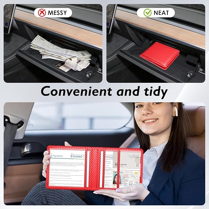 Tavonis Car Registration and Insurance Card Holder，Small Glove Box Organizer for Men and Women，Car and Truck Driver License, Documents, Card Storage Accessories，Red