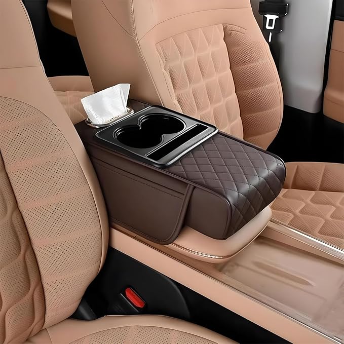 Multifunctional Pu Leather Car Armrest Box Mat With Cup Holders, Universal Armrest Box Pad, With Side Pockets, Easy To Clean Interior Organizer Waterproof For Cars, Trucks, Suvs (Quilted, Coffee)