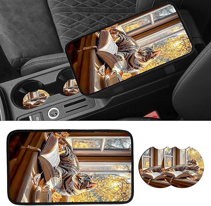 JANENFNA Car Armrest Cover Pads Universal Fashion Cute Auto Center Console Armrest Cover Pad with 2PCS Car Coasters Soft Waterproof Car Armrest Seat Protector for Women,Cat Reading by Window