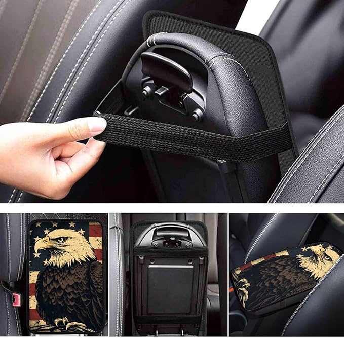 Car Center Console Pad, Universal Waterproof Car Armrest Seat Box Cover, Car Interior Accessories for Most Vehicle SUV Truck Vintage American Flag Eagle Car Armrest Pad
