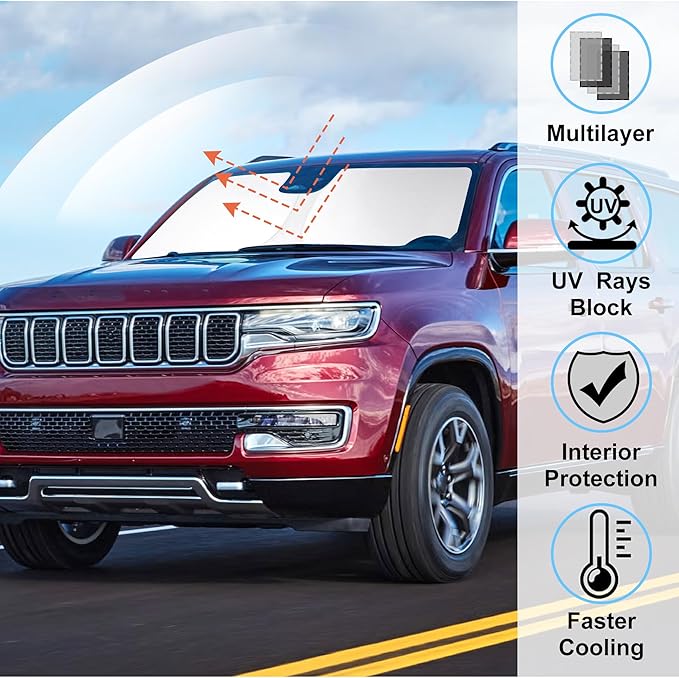 Windshield Sun Shade Custom Fit for 2022 2023 2024 2025 Jeep Wagoneer (NOT for Grand Wagoneer) Accessories Foldable Sunshade Sun Blocker Protect Car from Sun Rays & Heat Damage Keep Car Cooler