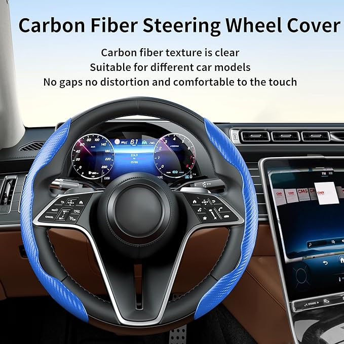 LevChall Carbon Fiber Steering Wheel Cover, 2-Piece Set Anti-Skid Comfortable Grip Segmented Butterfly Design, Easy Snap-On Installation Universal Fit 99% Cars, Blue