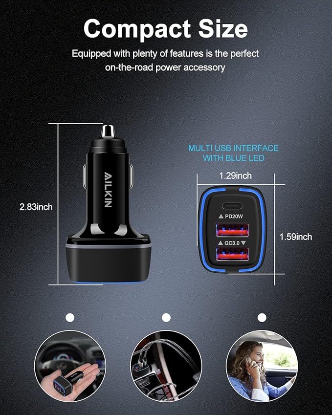 AILKIN 56W PD USB C Car Charger, Type-C Super Fast Power Charging Block 3-Port USB A & USBC Auto Cargador Carro Lighter Adapter for iPhone, iPad, Samsung Galaxy, LG, Google Pixel, Moto, USB-C&A Port