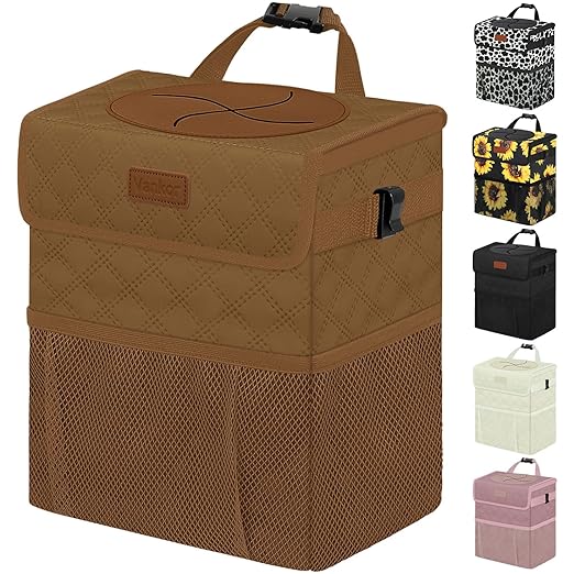 Vankor Car Trash Can for Cute, Bag Bin Hanging Waterproof Automotive Car Garbage Cans Leak Proof Vehicle Trash Can Diamond Pattern-Brown
