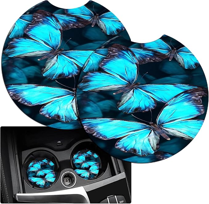 JANENFNA Car Armrest Cover Pads Universal Fashion Cute Auto Center Console Armrest Cover Pad with 2PCS Car Coasters Soft Waterproof Car Armrest Seat Protector for Women,Blue Butterflies