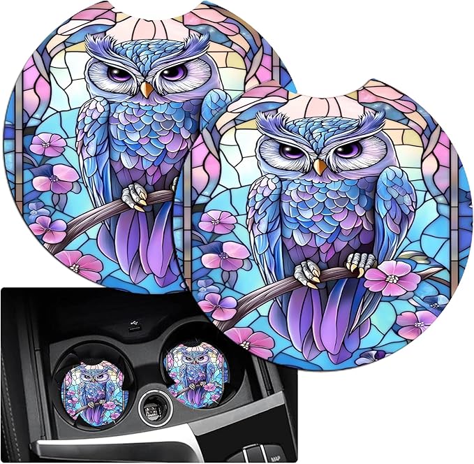 JANENFNA Car Armrest Cover Pads Universal Fashion Cute Auto Center Console Armrest Cover Pad with 2PCS Car Coasters Soft Waterproof Car Armrest Seat Protector for Women,Stained Glass Owl