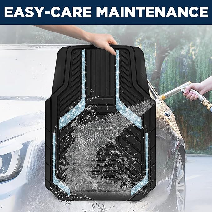 PIC AUTO Car Floor Mats, Light Blue Sparkly Crystal Bling Glitter Car Mats Set, Front and Rear Heavy Duty Rubber Car Mats with Anti-Slip Backing, All Weather, Trim-to-Fit for SUVs, Trucks, Sedan, Vans