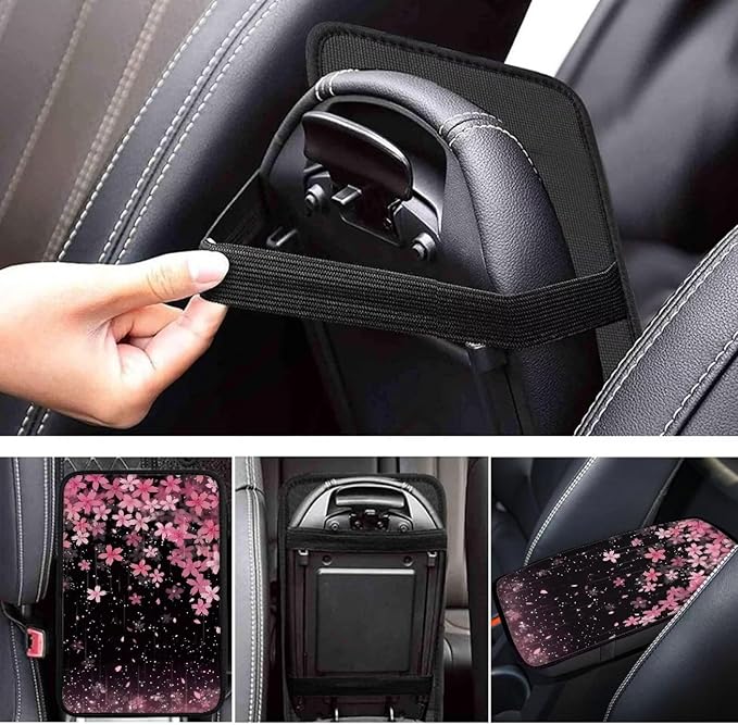Pink Flower Car Armrest Pad for Women Cherry Blossom Car Accessories Decor Soft Center Console Arm Rest Protector Cover Universal for SUV Van Sedan Truck