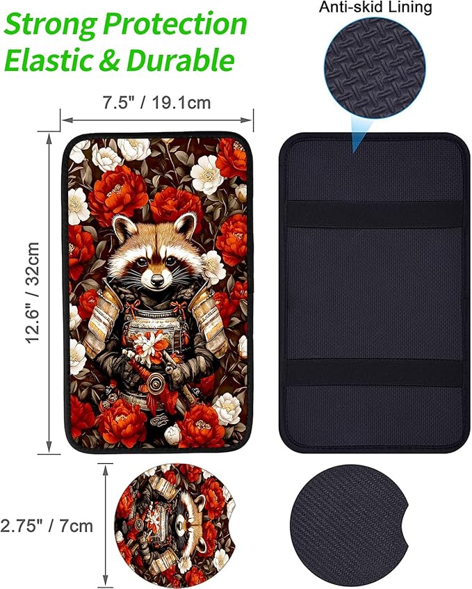 JANENFNA Car Armrest Cover Pads Universal Fashion Cute Auto Center Console Armrest Cover Pad with 2PCS Car Coasters Soft Waterproof Car Armrest Seat Protector for Women,Raccoon Warrior