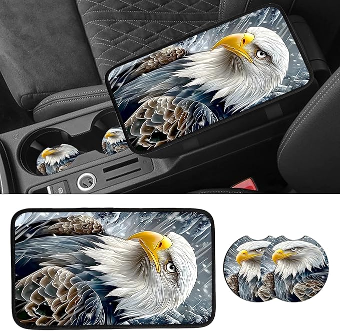 JANENFNA Car Armrest Cover Pads Universal Fashion Cute Auto Center Console Armrest Cover Pad with 2PCS Car Coasters Soft Waterproof Car Armrest Seat Protector for Women,Snowy Eagle
