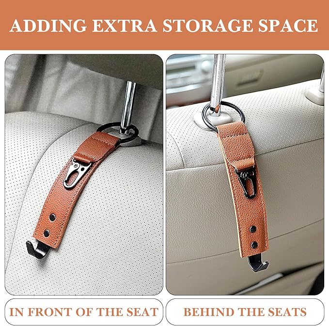 Adorila Car Hooks for Headrest - Backseat Storage Organizer Hangers - PU Leather Strap with Metal Snap Clip for Bags - (Brown, 2-Pack)