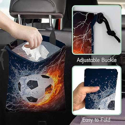 NHNXHWIA Soccer Ball Car Trash Bag,Fire and Water Hanging Drawstring Car Garbage Bag,Waterproof Canvas Car Back Seat Organizer with Adjustable Buckle,for Vehicles,SUVs,Camping,Road Trips