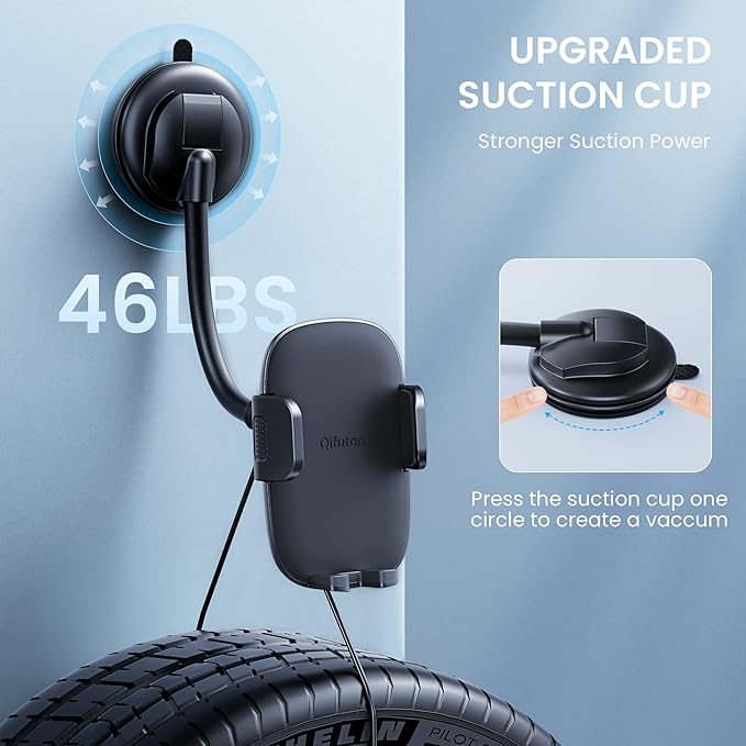 Qifutan Cell Phone Holder for Car Phone Mount Long Arm Dashboard Windshield Car Phone Holder Anti-Shake Stabilizer Phone Car Holder Compatible with All Phone Android Smartphone, Black