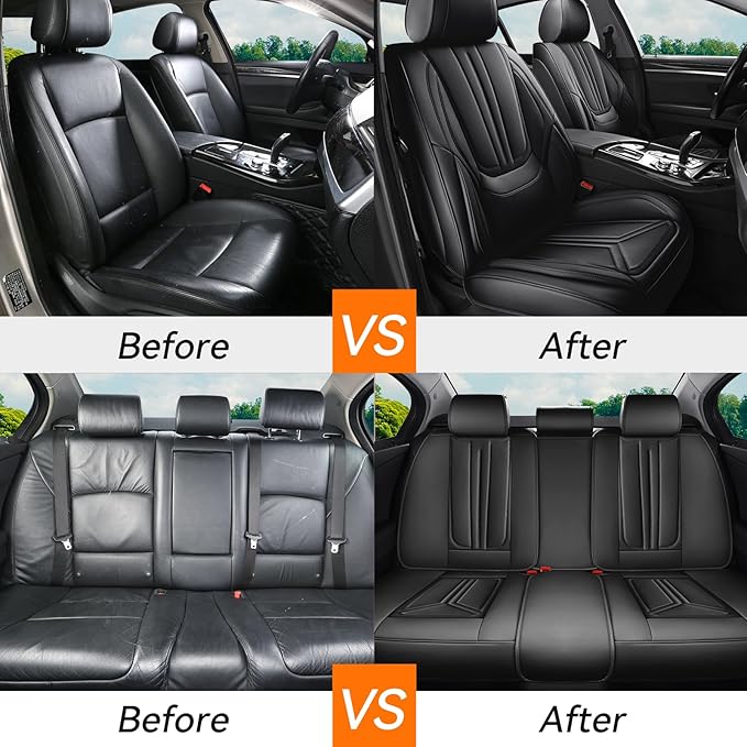 SCDOOCA Car Seat Covers Full Set Black, Luxury Leather Car Seat Covers, Waterproof and Breathable Seat Covers, Universal Car Seat Protector Fit for Cars, Trucks, SUVs, Pick-ups (Full Set)