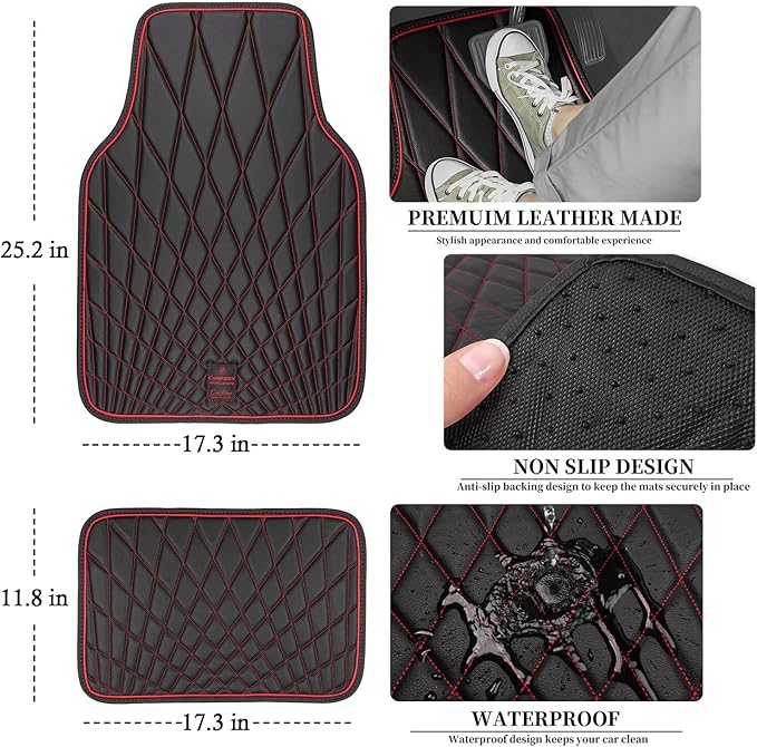 CAR PASS Faux Leather Floor Mats for Cars, Luxury Waterproof All Weather Car Mats Full Set, Anti-Slip Deluxe Automotive Mats Universal Fit for Most SUV Vans Sedans Trucks, 4 Piece Black and Red