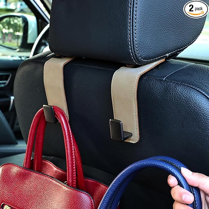 Amooca Car Seat Back Hook Universal Auto Storage Hanger Suede with Metal Car Seat Organizer for Handbag Purse Coat Umbrellas Grocery Bags 2 Pack Beige