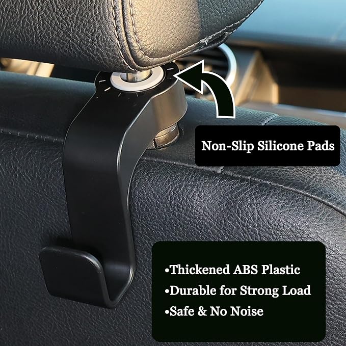 Amooca Car Seat Hooks Anti-Drop Headrest Storage Hanger Universal Fit Automotive Organizer for Purse Bag Coat Black 2 Pack