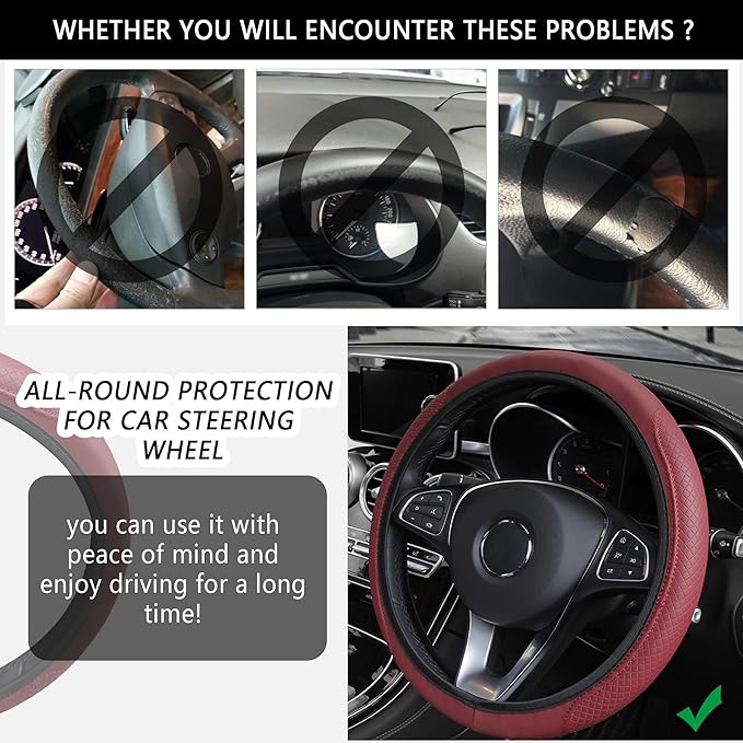 Leather Steering Wheel Cover,Anti Slip Car Steering Wheel Cover for Car Decorations & Steering Wheel Protections,Universal 15Inch Wheel Cover Car Interior Accessories for Men & Women (Burgundy)