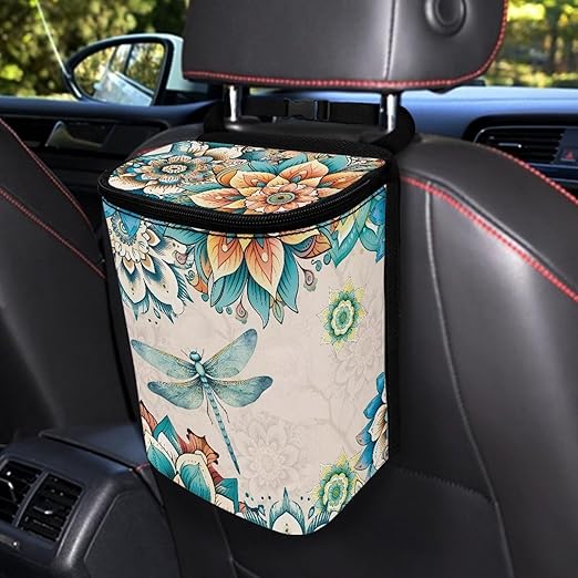 Bohemian Flower Dragonfly Car Trash Bin with Lid,Leak-Proof Car Organizer, Waterproof Car Garbage Can for Vehicle/Home/Office