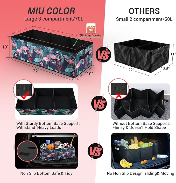 MIU COLOR Car Trunk Organizer with Lid, Foldable Car Storage Organizer with 3 Compartments, 8 Pockets, Leather Handles, Non-Slip Bottom, Car Organizer and Storage for SUV, Van, Grocery, Camping
