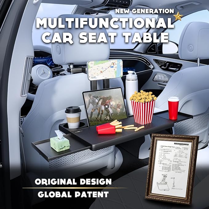 Car Back Seat Tray Table, Stable Foldable Auto Backseat Food Trays Desk for Rear Passenger Road Trip Eating & Work, Multifunctional Adjustable Travel Tray with Phone Drink Holder for Laptop iPad