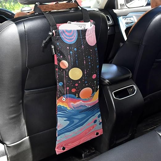 ALAZA Hanging Car Trash Bags Garbage Bag Trash Can for Back Seat Small Colorful Painting Abstract Washable Storage Bag Retractable 2 Pack