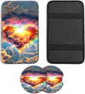 JANENFNA Car Armrest Cover Pads Universal Fashion Cute Auto Center Console Armrest Cover Pad with 2PCS Car Coasters Soft Waterproof Car Armrest Seat Protector for Women,Rainbow Heart Clouds