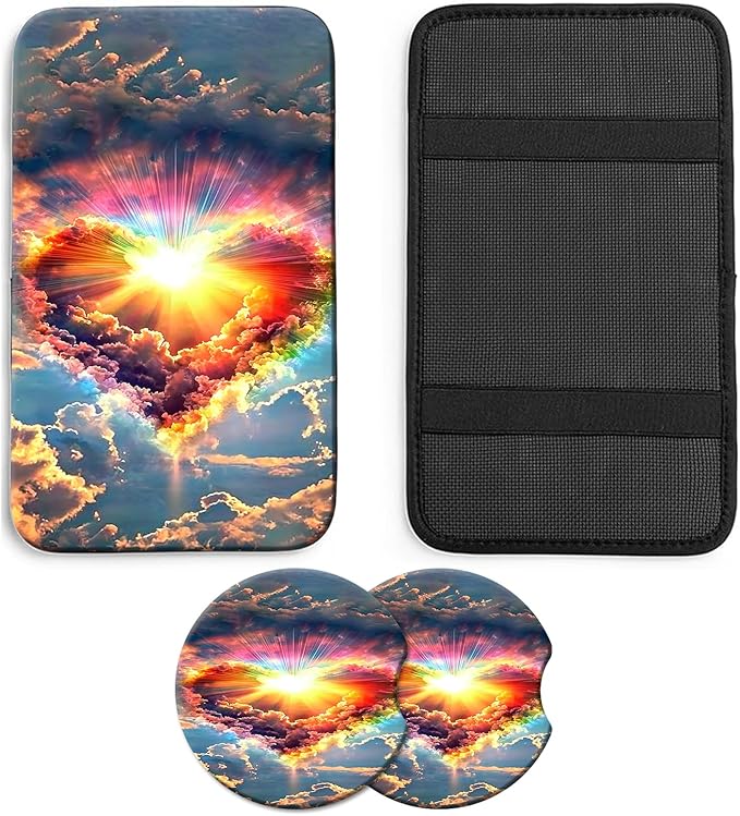 JANENFNA Car Armrest Cover Pads Universal Fashion Cute Auto Center Console Armrest Cover Pad with 2PCS Car Coasters Soft Waterproof Car Armrest Seat Protector for Women,Rainbow Heart Clouds