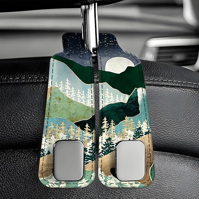 AXBSAKDI Car Seat Back Storage Headrest Hook, Premium Leather Double Metal Hook, Hanger Storage Organizer for Purse Cloth Bag, Car Interior Accessories Cute Mountain Moon