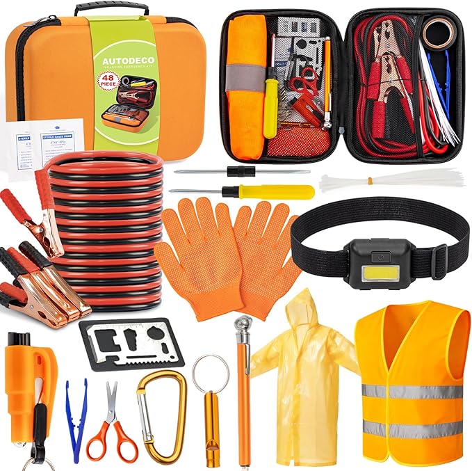 AUTODECO Car Roadside Emergency Kit, Car Safety Kit Portable Car Kits for Emergency with Jumper Cable, Safety Hammer, Orange