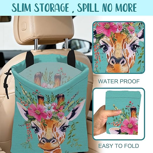 KXWQTRDD Car Trash Bag Watercolor Giraffe and Floral Hanging Drawstring Car Organizer and Storage Bag with Adjustable Buckle Canvas Garbage Bin for Back Seat or Hanging Headrest Car Decor