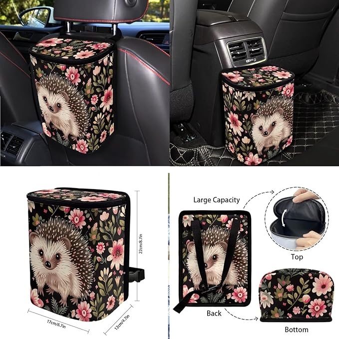 Hedgehog Flower Print Car Interior Accessories Sets, Flower Print Front Seat Covers and Rear Split Bench Seat Cover, Steering Wheel Protector, Universal Fits for Most Cars SUV Truck Sedan