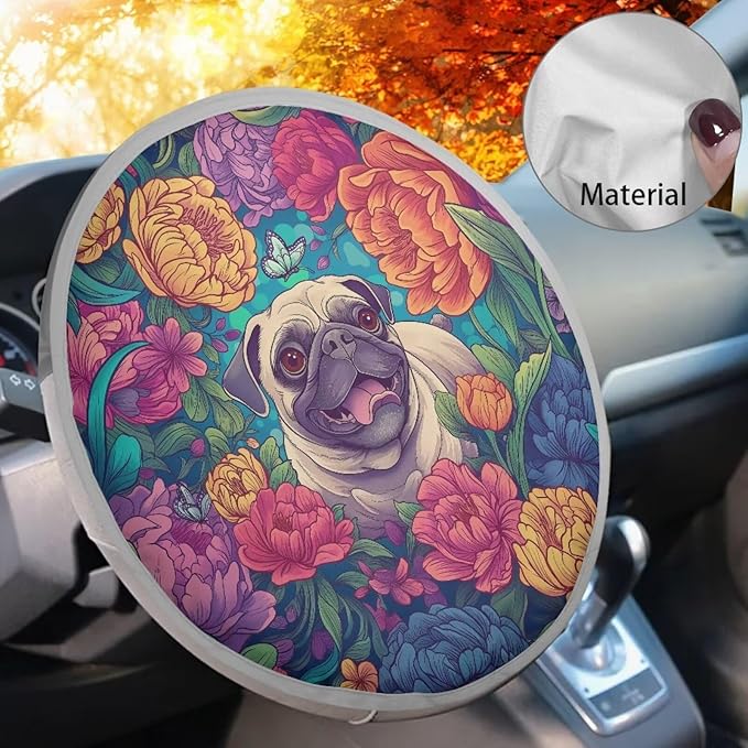 Pug Dog Peony Flower Pattern 17x17 inch Steering Wheel Sun Shade Cover Fit Most SUV Truck Car Van Universal Block UV Rays Car Rudder Visor Vehicle Steering Wheel Protector