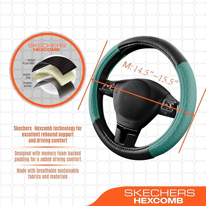 Skechers Steering Wheel Cover,Leather Steering Wheel Cover Hexcomb Design Embedded TPE Steering Wheel Universal Fit 14" 1/2-15" Car Wheel Protector for Men Women Fit Suvs,Vans,Sedans,Car,Trucks,Mint