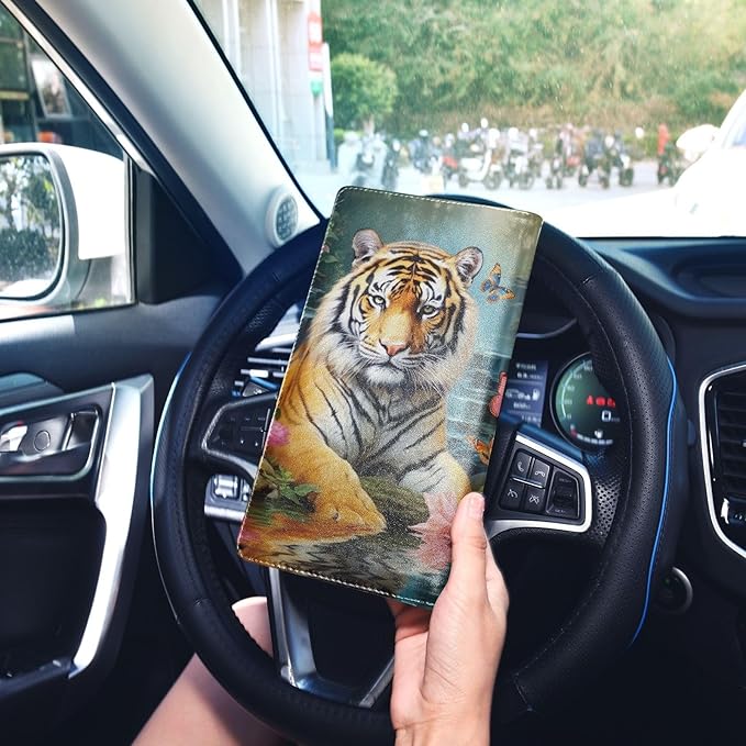 Tiger Animal Butterfly Flowers Floral Car Registration and Insurance Holder Vehicle Glove Box Organizer Car Accessories Wallet Case for Women Men 202a0187