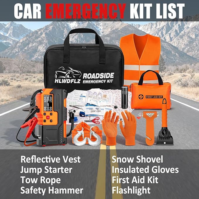 HLWDFLZ Car Roadside Emergency Kit, Jump Starter with Air Compressor, First Aid Kit, Tow Rope, Roadside Safety Emergency Tool Kit for Women, Men, Teen (Orange)