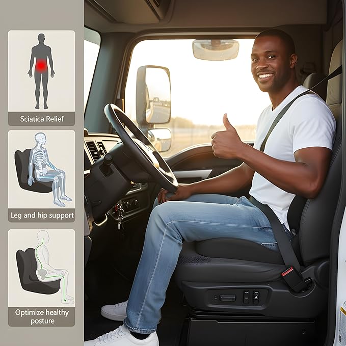 Memory Foam Seat Cushion for Truck Driver & Car Driving - Ergonomic Driver Seat Lab Cushion with Lumbar Support, Adjustable Strap, Non-Slip Pad for Back Pain and Sciatica Relief