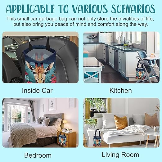 KXWQTRDD Car Garbage Bag Giraffe and Colorful Flowers Drawstring Car Trash Bag Hanging for Back Seat with Adjustable Buckle Canvas Vehicle Trash Can Easy-to-Install