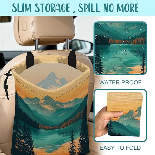 KXWQTRDD Car Garbage Bag Mountain and Forest at Sunset Hanging Canvas Car Trash Bag Drawstring Car Back Seat Organizer for Car Back Front Seat Console with Adjustable Buckle