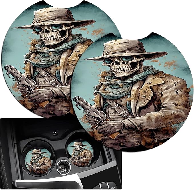 JANENFNA Car Armrest Cover Pads Universal Fashion Cute Auto Center Console Armrest Cover Pad with 2PCS Car Coasters Soft Waterproof Car Armrest Seat Protector for Women,Skull Cowboy with Gun