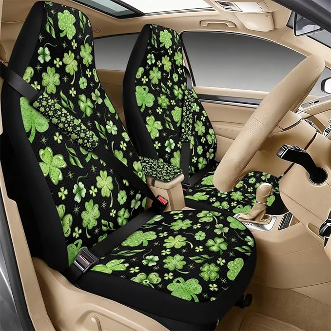 Oramclsy Shamrock Print Heavy Duty Car Seats Seat Covers with Universal Armrest Pad PU Breathable Seat Belt Covers 6 Pack Set St Patricks Day Accessories