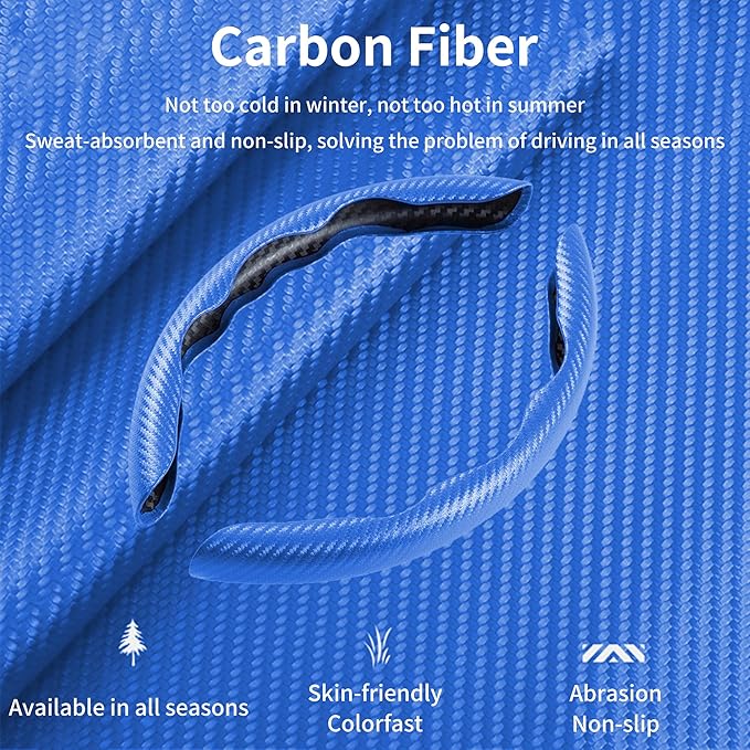 LevChall Carbon Fiber Steering Wheel Cover, 2-Piece Set Anti-Skid Comfortable Grip Segmented Butterfly Design, Easy Snap-On Installation Universal Fit 99% Cars, Blue