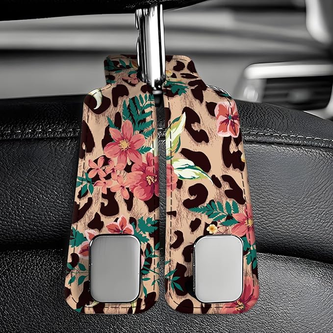 AXBSAKDI Car Seat Back Storage Headrest Hook, Premium Leather Double Metal Hook, Hanger Storage Organizer for Purse Cloth Bag, Car Interior Accessories Cute Flower Leopard