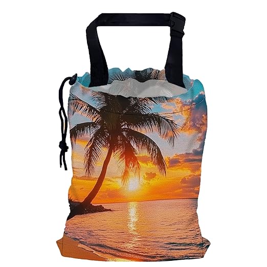 Seaside Sunrise Car Trash Bag,Coconut Tree Strap Drawstring Car Garbage Bags,Car Back Seat Organizer with Adjustable Buckle for Car Accessories