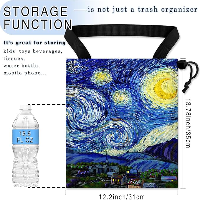 GEGEPINK Car Trash Bag Hanging Back of Seat Waterproof Small Cute Printed One-Handed Strap Drawstring Garbage Bags for Car-Starry Night