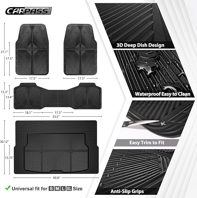 CAR PASS Rubber Floor Mats&Cargo Liner,Waterproof Trucks Mats Heavy Duty,All Weather Trim-to-Fit Automotive Mats for Cars Trucks SUV,Anti-Slip Easy Clean Durable,Full Set 5-Piece,3D Emboss All Black